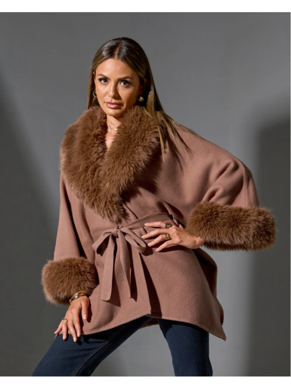 Boston Proper Faux Fur Tie Waist Poncho L/XL